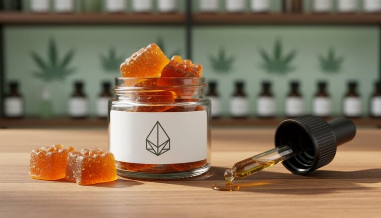 Close-up of amber cannabis gummies in a glass jar with a dropper on a wood surface, styled to suggest CBC edible cannabis.