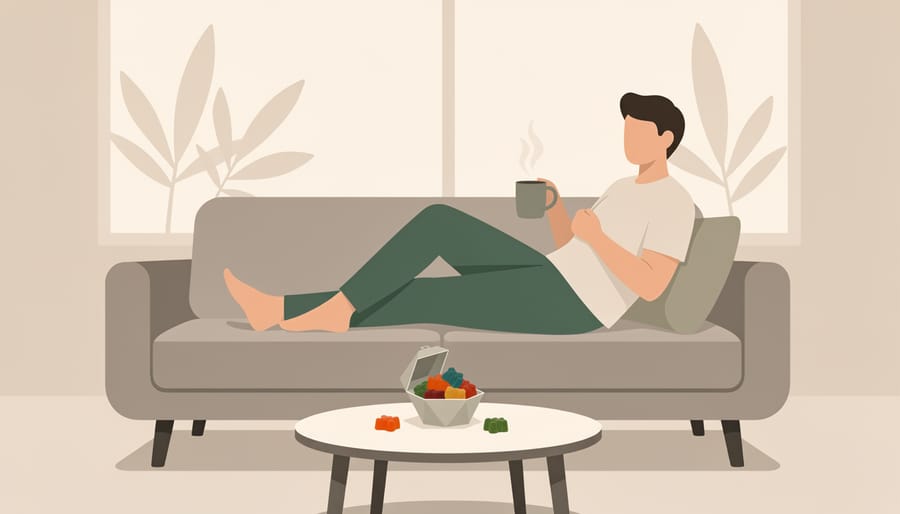 Person holding a small plate of gummies at home in warm sunlight with a cozy blurred background