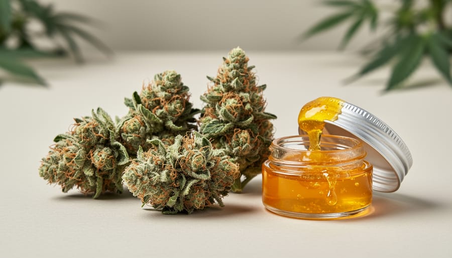 Close-up of pale green cannabis buds and cannabis extract concentrate in a glass jar on a dark wooden surface.