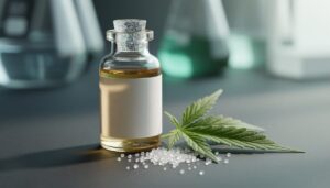 Close-up of a glass vial with pale amber liquid next to a fresh cannabis leaf and light crystalline particles on a dark background, with blurred lab equipment behind it.