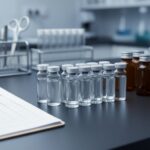 Close-up of laboratory vials and research supplies on a clean bench, illustrating quality and documentation for research peptides.