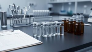 Close-up of laboratory vials and research supplies on a clean bench, illustrating quality and documentation for research peptides.