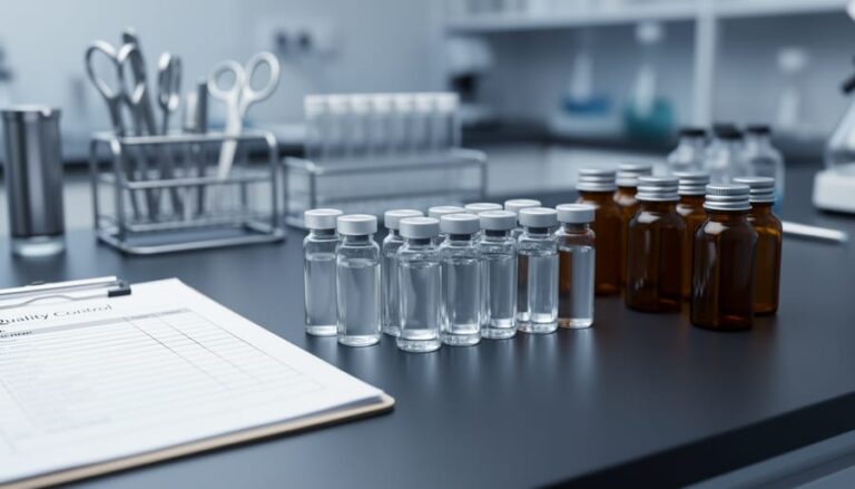 Close-up of laboratory vials and research supplies on a clean bench, illustrating quality and documentation for research peptides.