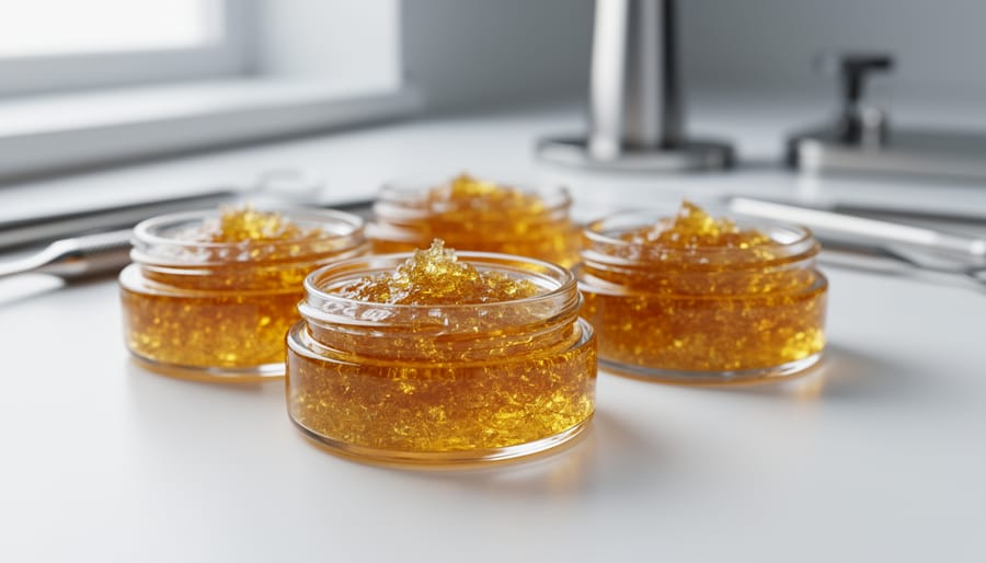 Close-up of cannabis concentrate samples in jars and on a dark silicone pad