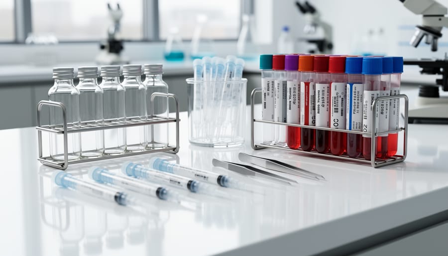 Laboratory vials and pipettes arranged on a clean stainless steel bench