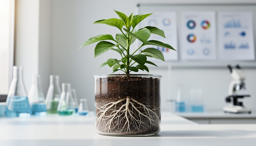Green cannabis leaves and visible roots in dark soil in a contained setting with blurred lab tools in the background.