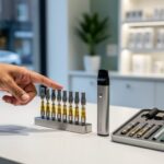 Close-up view of a budtender’s hand presenting vape cartridges and a vaporizer device on a clean counter inside a dispensary, with product shelves blurred in the background.