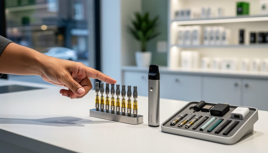 Close-up view of a budtender’s hand presenting vape cartridges and a vaporizer device on a clean counter inside a dispensary, with product shelves blurred in the background.