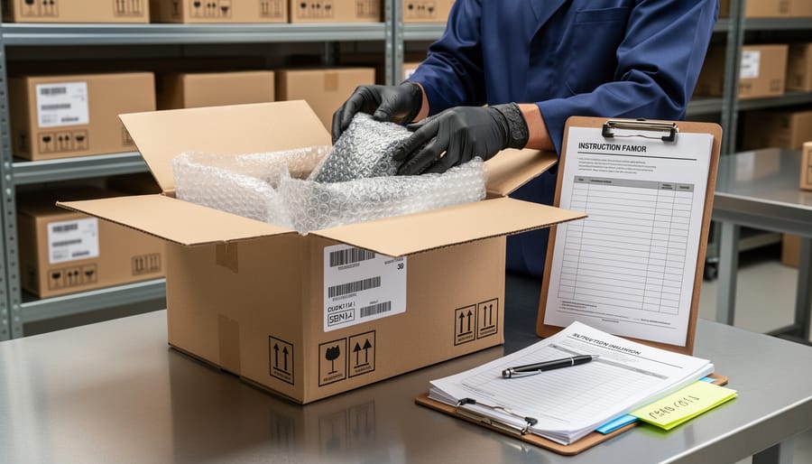 Macro close-up of a sealed glass vial next to a storage container and document sleeve