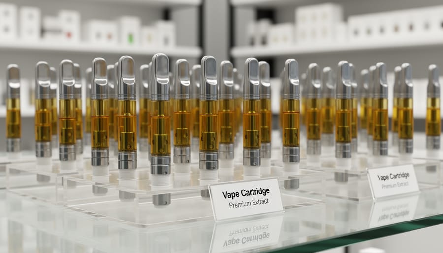Close-up of cannabis vape cartridges arranged inside a glass display case