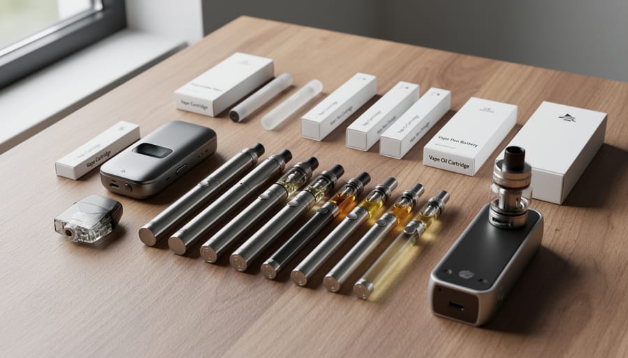 Various vaporizer devices and components arranged on a table