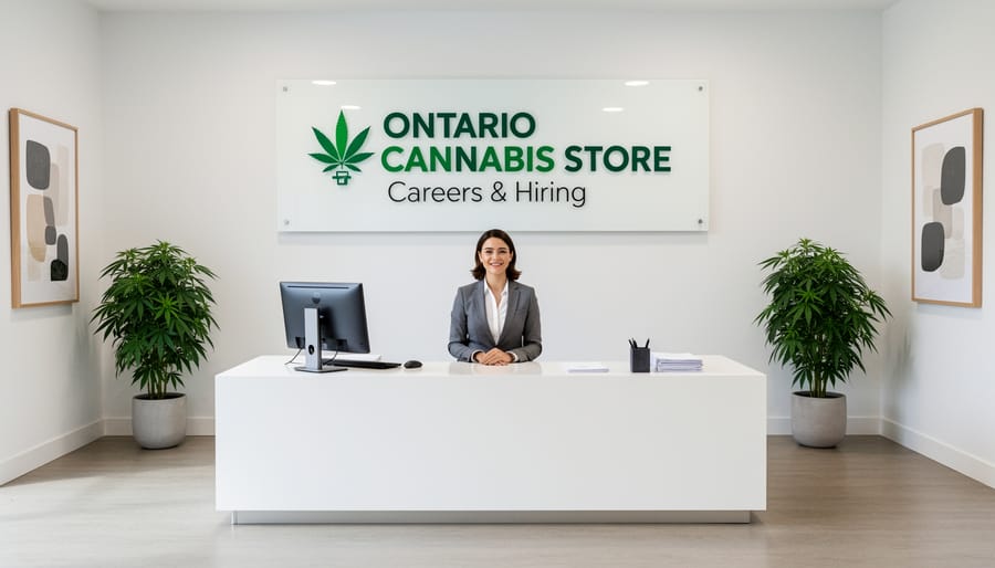 Business-casual staff member assisting a customer in a clean modern office reception area