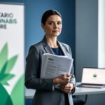 A person in a modern office holds documents while standing near a softly blurred cannabis-themed display, suggesting the Ontario Cannabis Store job application process and public-sector roles.