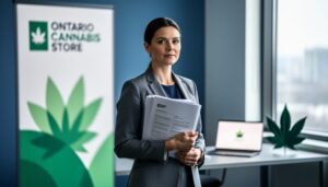 A person in a modern office holds documents while standing near a softly blurred cannabis-themed display, suggesting the Ontario Cannabis Store job application process and public-sector roles.