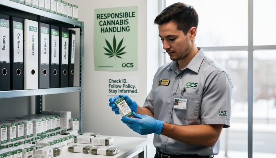 Person holding a sealed cannabis product package on a desk in a bright, responsible setting