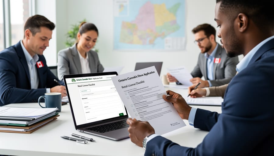 Close-up of hands organizing a resume folder, notebook, and laptop on a table